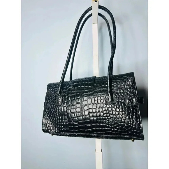 Lord & Taylor NWT Black Moc Croc Leather Shoulder Bag - Picture 3 of 7